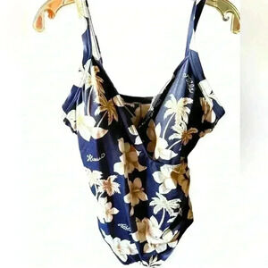 Baltex size 22W tall navy blue one piece with white& tan tropical flowers. EUC